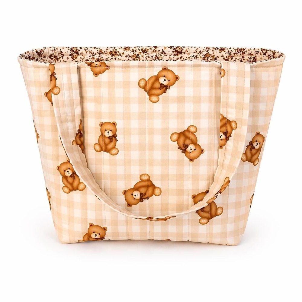 Teddy Bear Quilted Tote Bag Medium Size, Cute‎ Everyday Bag, Padded Fabric Tote